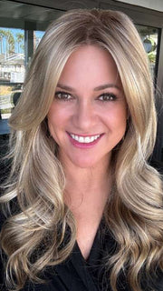 Susan Cooke @wigs_with_wisdom wearing AMBER by JON RENAU in color 12FS8 SHADED PRALINE | Light Gold Brown, Light Natural Gold Blonde & Pale Natural Gold-Blonde Blend, Shaded with Medium Brown