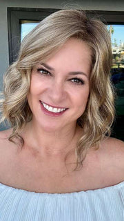 Susan Cooke @wigs_with_wisdom wearing JULIANNE LITE by JON RENAU in color 24BT18S8 SHADED MOCHA | Medium Natural Ash Blonde & Light Natural Gold Blonde Blend, Shaded with Medium Brown
