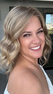 Susan Cooke @wigs_with_wisdom wearing JULIANNE LITE by JON RENAU in color 24BT18S8 SHADED MOCHA | Medium Natural Ash Blonde & Light Natural Gold Blonde Blend, Shaded with Medium Brown
