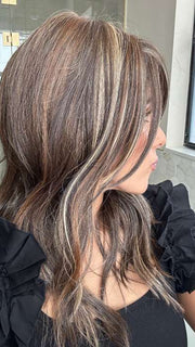 Lorena Calderon @faux.hurr.lifee wearing MILANO by BELLETRESS in color DARK BROWN HL | A Blend of Dark Brown, Strawberry Light Auburn and Soft Chunky Medium and Dark Blonde Highlights.
