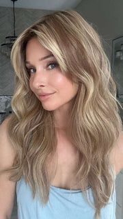 Heather Atkins @cjswigs wearing CALIFORNIA BEACH WAVES by TRESSALLURE in color 14/26/R10 | Red Blonde with Gold Blonde highlights and Light Brown roots
