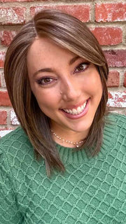 Jen Brown @being_mrs_brown wearing SANTA BARBARA by BELLETRESS in color COOLEST ASH BROWN | A combination of Light Ash Brown, Cool Medium Brown and a hint of Dark Blonde | outside lighting