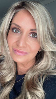 Emily H. @she_sheds_more wearing AMBER by JON RENAU in color 22F16S8 VENICE BLONDE | Light Ash Blonde and Light Natural Blonde Blend Shaded with Medium Brown
