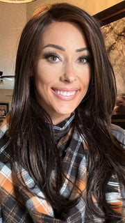 Nichole @nichole.alee wearing ZARA by JON RENAU in color FS4/33/30A MIDNIGHT COCOA | Dark Brown, Medium Red, Medium Natural Red Blonde/Brown Blend with Medium Natural Red Blonde/Brown Blend Bold Highlights
