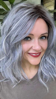 Marcie Mertz @wig.obsessed wearing TABU by ELLEN WILLE in color ICE BLUE ROOTED | Seamless Blend of Slate Gray Mixed with Light Steel Blue and a Touch of White Smoke with Dark Roots
