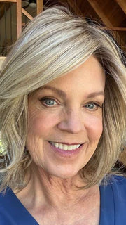 Susan Sparks @an_affair_with_hair wearing ELIZABETH by JON RENAU in color 12FS12 MALIBU BLONDE | LIght Gold Brown, Light Natural Gold Blonde, Pale Natural Gold-Blonde Blend, Shaded with Light Gold Brown | window lighting