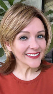 Marcie Mertz @wig.obsessed wearing ROSE by ENVY BY ALAN EATON in color GOLDEN-NUTMEG | Medium Brown roots with overall Warm Cinnamon base and Golden Blonde highlights
