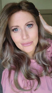 Natalie @vanish.into.thin.hair wearing AVALON by RENE OF PARIS in color MILK-TEA-LR | Creamy Beige with Longer Dark Root