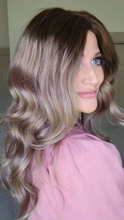 Natalie @vanish.into.thin.hair wearing AVALON by RENE OF PARIS in color MILK-TEA-LR | Creamy Beige with Longer Dark Root