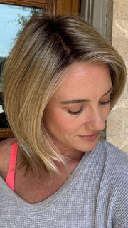 Jenny B. @thewiggygirl wearing CAMERON LITE by JON RENAU in color 22F16S8 VENICE BLONDE | Light Ash Blonde and Light Natural Blonde Blend Shaded with Medium Brown
