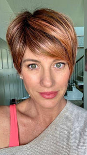Jenny B. @thewiggygirl wearing LINK by ELLEN WILLE in color ROSEWOOD ROOTED | Medium Dark Brown Roots that Melt into a Mixture of Saddle Brown and Terra-Cotta Tones with Dark Roots