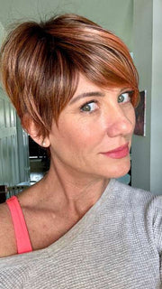 Jenny B. @thewiggygirl wearing LINK by ELLEN WILLE in color ROSEWOOD ROOTED | Medium Dark Brown Roots that Melt into a Mixture of Saddle Brown and Terra-Cotta Tones with Dark Roots