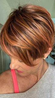 Jenny B. @thewiggygirl wearing LINK by ELLEN WILLE in color ROSEWOOD ROOTED | Medium Dark Brown Roots that Melt into a Mixture of Saddle Brown and Terra-Cotta Tones with Dark Roots