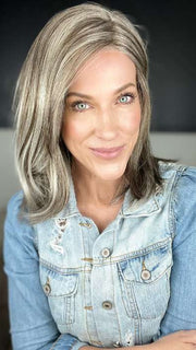 Kristyna @kristynamoore wearing CAMERON LITE by JON RENAU in color 39F38 ROASTED CHESTNUT | Light Natural Ash Brown with 75% Grey Front, graduating to Medium Brown with 35% Grey Nape