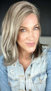Kristyna @kristynamoore wearing CAMERON LITE by JON RENAU in color 39F38 ROASTED CHESTNUT | Light Natural Ash Brown with 75% Grey Front, graduating to Medium Brown with 35% Grey Nape