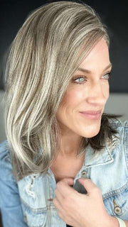 Kristyna @kristynamoore wearing CAMERON LITE by JON RENAU in color 39F38 ROASTED CHESTNUT | Light Natural Ash Brown with 75% Grey Front, graduating to Medium Brown with 35% Grey Nape
