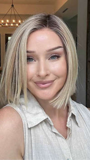 Heather @cjswigs wears LIA II by ELLEN WILLE in color SAHARA BEIGE ROOTED 26.20.25 | Light Golden Blonde, Light Strawberry Blonde, Lightest Golden Blonde Blend with Dark Shaded Roots