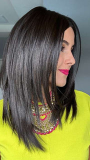 Lorena @faux.hurr.lifee wearing WELL PLAYED by RAQUEL WELCH in color RL2/4 OFF BLACK | Black Evenly Blended with Dark Brown Highlights