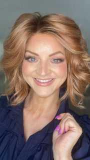 Sandy @i_be_wiggin wearing UNFILTERED by RAQUEL WELCH WIGS in color RL29/33SS ICED PUMPKIN SPICE | Strawberry Blonde shaded with Dark Red-Brown
