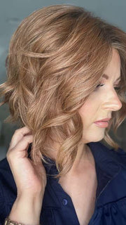 Sandy @i_be_wiggin wearing UNFILTERED by RAQUEL WELCH WIGS in color RL29/33SS ICED PUMPKIN SPICE | Strawberry Blonde shaded with Dark Red-Brown