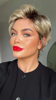 Olivia @oliviamcveigh_ wearing SPARKLE ELITE by RAQUEL WELCH WIGS in color SS14/88 SHADED GOLDEN WHEAT | Dark Blonde Evenly Blended with Pale Blonde Highlights and Dark Roots