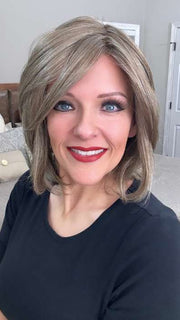 Marcie @wig.obsessed wearing UPSTAGE by RAQUEL WELCH WIGS in color RL38 SMOKED WALNUT | Light Brown with 50% Gray