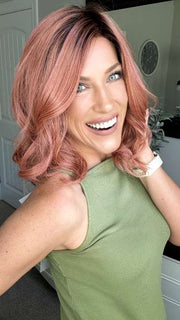 Kristyna @kristynamoore wearing PANACHE WAVEZ by RENE OF PARIS in color DUSTY-ROSE | Medium Coral Red Base with Dark Brown Roots