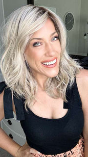 Kristyna @kristynamoore wearing TABU by ELLEN WILLE in color CHAMPAGNE ROOTED | Light Beige Blonde, Medium Honey Blonde, and Platinum Blonde blend with Dark Roots 