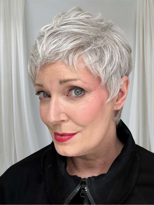 Mel B. @mels.be.ageless wearing STRAIGHT CHIC by RAQUEL WELCH WIGS in color RL56/60 SILVER MIST | Lightest Grey Evenly Blended with Pure White