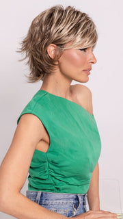 Roxie wearing TREND SETTER by RAQUEL WELCH in SS12/22 SHADED CAPPUCCINO | Light Golden Brown Evenly Blended with Cool Platinum Blonde Highlights and Dark Roots