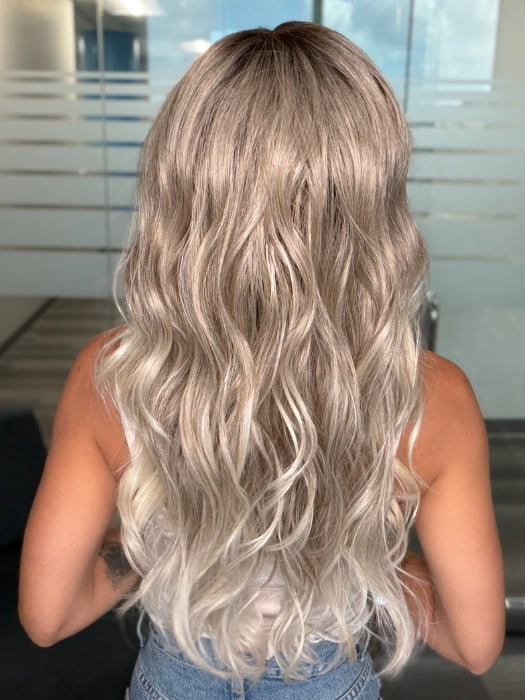Roxie wearing ESME by RENE OF PARIS in BILLIONAIRE-BLOND | A Rich Mocha Root melting into Beige, Ash, and Cream Blond tones. Face-framing cream and White Blond highlights