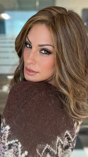 ROXIE wearing PANACHE WAVEZ by RENE OF PARIS in MARBLE-BROWN | Medium Brown and Light Honey Brown Evenly Blended