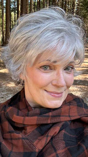 Mel B. @mels.be.ageless wearing VOLTAGE PETITE by RAQUEL WELCH WIGS in color RL51/61 ICED GRANITA | Lightest Grey Progresses to a Deep Grey at the Nape