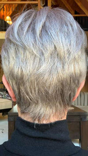 Sparky @an_affair_with_hair wearing JUMP by ELLEN WILLE in color SNOW MIX 60.56.58 | Pearl White, Lightest Blonde, and Black/Dark Brown with Grey Blend