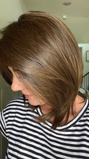 Jenny B. @thewiggygirl wearing OWN THE ROOM by GABOR in color GF8-12SS ICED MOCHA | Medium Brown shaded with Dark Blonde