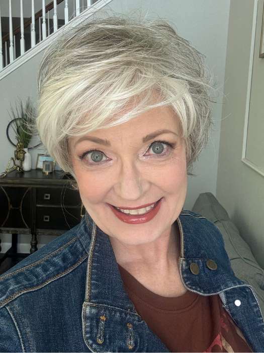 Mel B. @mels.be.ageless wearing RELAX by ELLEN WILLE in color SNOW MIX 60.56.58 | Pearl White, Lightest Blonde, and Black/Dark Brown with Grey Blend
