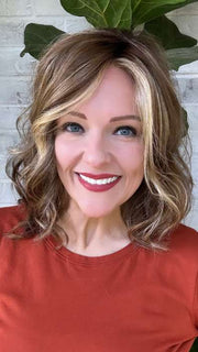 Marcie Mertz @wig.obsessed wearing TOUCH by ELLEN WILLE in color TOBACCO-ROOTED 12.26.27 | Medium Brown base with Light Golden Blonde highlights and Light Auburn lowlights
