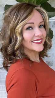 Marcie Mertz @wig.obsessed wearing TOUCH by ELLEN WILLE in color TOBACCO-ROOTED 12.26.27 | Medium Brown base with Light Golden Blonde highlights and Light Auburn lowlights
