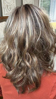 Marcie Mertz @wig.obsessed wearing TOUCH by ELLEN WILLE in color TOBACCO-ROOTED 12.26.27 | Medium Brown base with Light Golden Blonde highlights and Light Auburn lowlights
