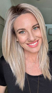 Jenny B. @thewiggygirl wearing WELL PLAYED by RAQUEL WELCH in color RL19/23SS SHADED BISCUIT | Light Ash Blonde Evenly Blended with Cool Platinum Blonde with Dark Roots
