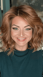 Sandy @i_be_wiggin wearing EDITOR'S PICK by RAQUEL WELCH WIGS in color RL29/33SS ICED PUMPKIN SPICE | Strawberry Blonde shaded with Dark Red-Brown