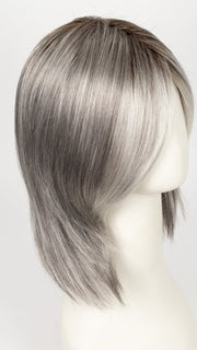 SILVER-STONE-R | Silver Medium Brown Blend That Transitions To More Silver Then Medium Brown Then To Silver Bangs with Black Roots