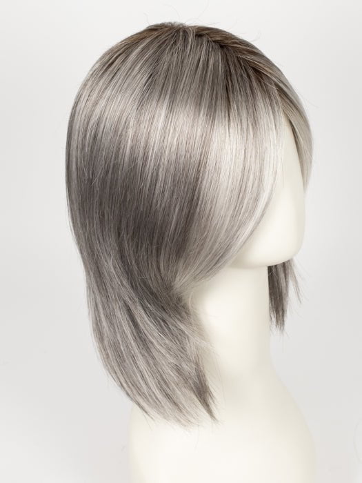 SILVER-STONE-R | Silver Medium Brown Blend That Transitions To More Silver Then Medium Brown Then To Silver Bangs with Black Roots
