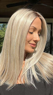 Jenna @jenna_fail wearing SLEEK by ELLEN WILLE in color PEARL BLONDE ROOTED 101.20.25 | Pearl Platinum Blended with Light Strawberry Blonde and Lightest Golden Blonde with Shaded Roots