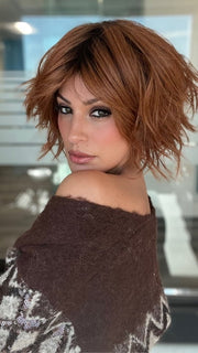 ROXIE wearing JOSS by RENE OF PARIS in SHADED-AMBER | Coppery Blonde and Red Blend with Dark Amber Brown Roots
