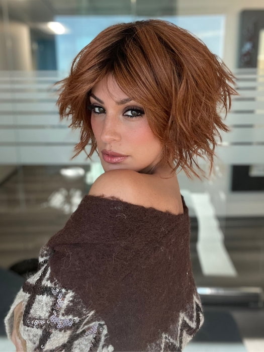 ROXIE wearing JOSS by RENE OF PARIS in SHADED-AMBER | Coppery Blonde and Red Blend with Dark Amber Brown Roots