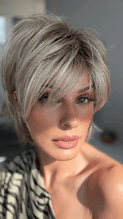 Model is wearing SKY in EXCLUSIVE COLOR ARABIAN SAND™ | Neutral Chocolate Brown Roots fade into a Neutral Blonde Base, blended with Sandy, Chestnut, Golden, and Honey Blondes, with Soft Creamy Blonde Highlights and Face-Framing Lowlights. 