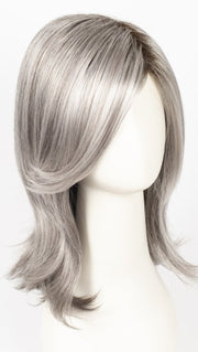 SILVER-STONE-R | Silver Medium Brown Blend That Transitions To More Silver Then Medium Brown Then To Silver Bangs with Black Roots