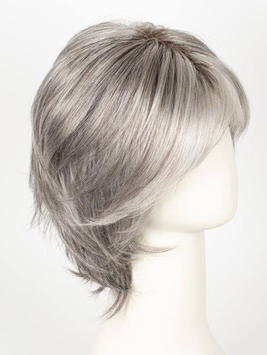 SILVER-STONE-R | Silver Medium Brown Blend That Transitions To More Silver Then Medium Brown Then To Silver Bangs with Black Roots
