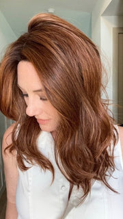 Jenny B. @thewiggygirl wearing LEONI by RENE OF PARIS in color AUTUMN SUNRISE | Neutral Medium-Brown Tone, softly blended with Light Ash Blonde